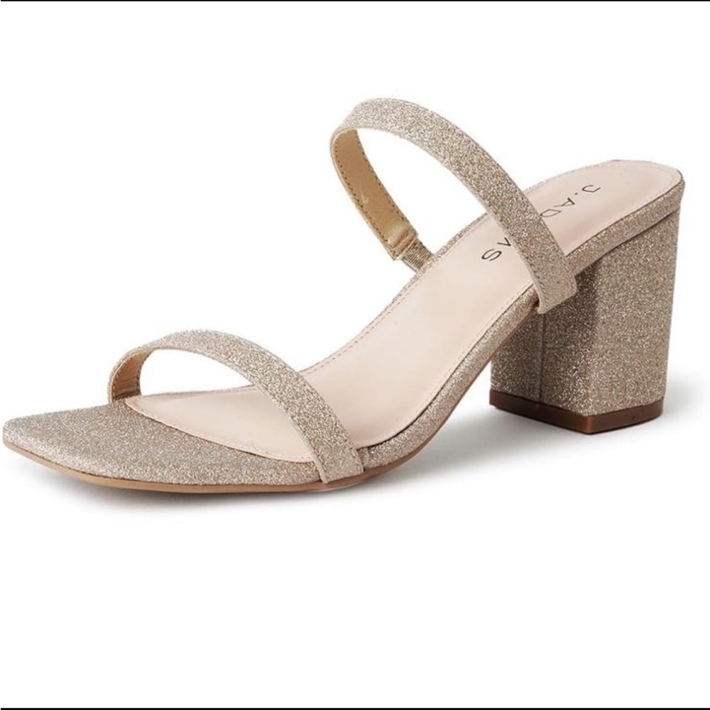 J. Adams Stormi Gold Heeled Sandals Square Toe Double Band Block Heel NWOT 8.5